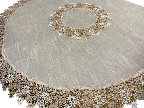 Obrus okrągły 160 cm lniany z gipiurą