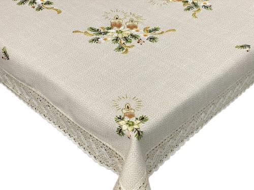 Obrus Świąteczny 150x220 cm beżowy z koronką