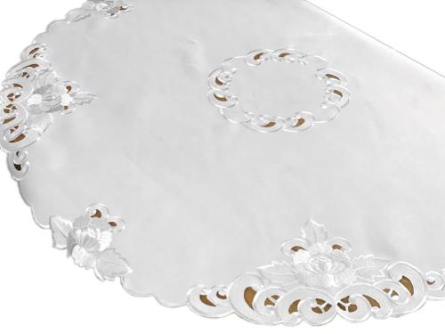 Obrus okrągły 130 cm – Amelia, biały haft i ażur