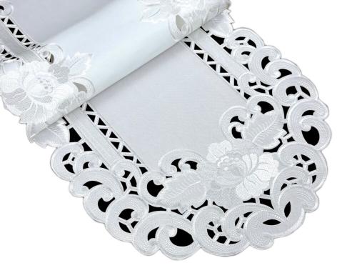 Bieżnik owalny 40×140 cm  Amelia biały haft i ażur