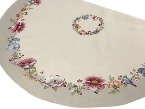 Obrus gobelinowy okrągły śr. 140 cm w kwiaty i ptaki