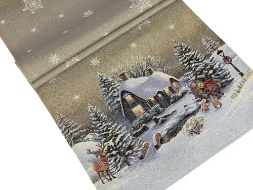 Bieżnik świąteczny gobelinowy 45x140 cm Zimowa Chatka
